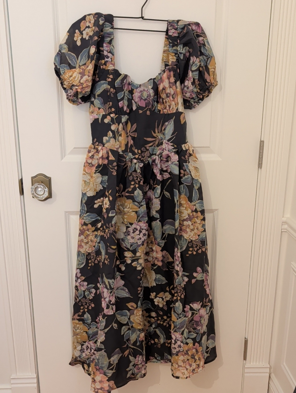 Lulu's Adorable Tendencies Dark Grey Floral Puff Sleeve Midi Dress